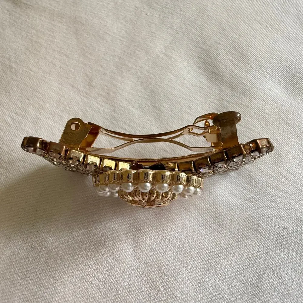Repurposed Chanel Button Crystal Bow Barrette Faux Pearls & Rhinestones in Gold